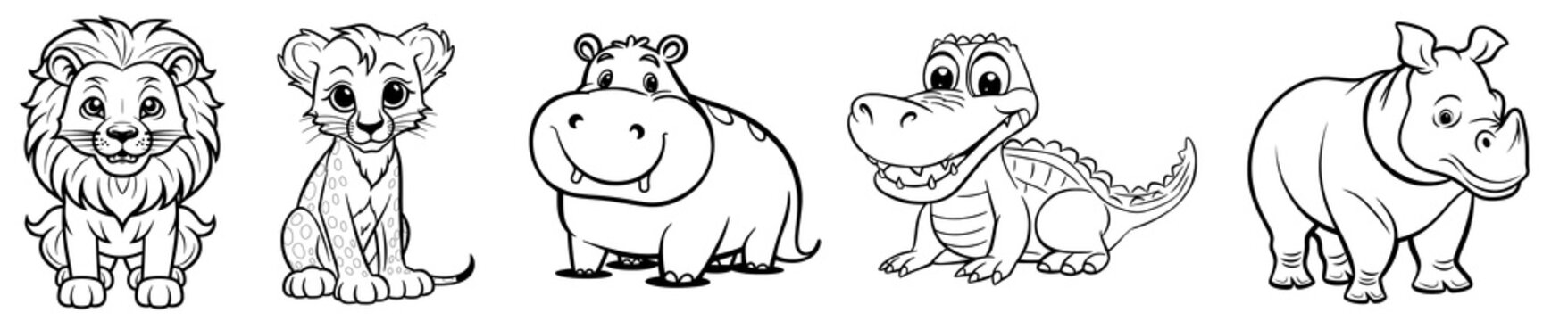 African cute animals - Lion, Cheetah, Hippo, Crocodile and Rhino, simple thick lines kids or children cartoon coloring book pages. Clean drawing can be vectorized to illustration easily. Generative AI