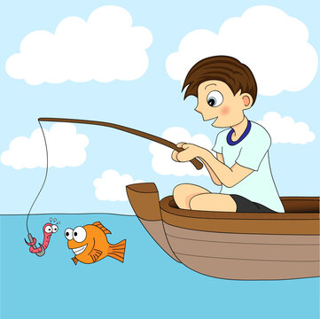 Illustration of A Boy Fishing In A Boat