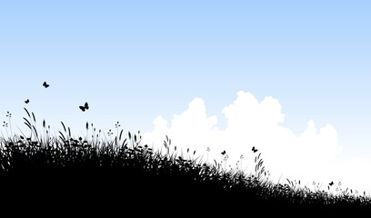 Editable vector silhouette of a grassy meadow and clouds with copy space