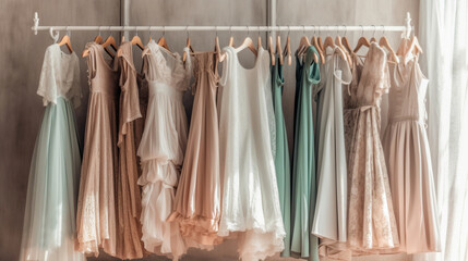 Wedding and party dresses for women. Dresses hanging on a rack in a clothing store. Light and subdued colors. Beautiful and delicate haute couture clothing. Sale of women's clothing. Generative ai.