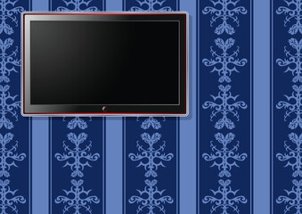 LCD television over bluish vintage pattern wallpaper