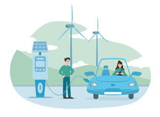 Ecological transport concept. Man and woman charge car, transport with electricity. Caring for nature and environment. Sustainable lifestyle and zero waste. Cartoon flat vector illustration