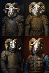 Simulation of a classic oil painting of a goat in military clothing in the classical style