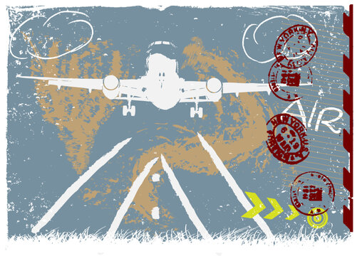 vector grunge background with airliner and stamps