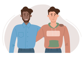 Obraz premium Concept of friends. Men in casual clothes stand and hug each other. Good relationship between colleagues and students. Positive emotions and optimism. Cartoon flat vector illustration