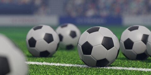 Several 3D Traditional Soccer Ball on soccer stadium grass