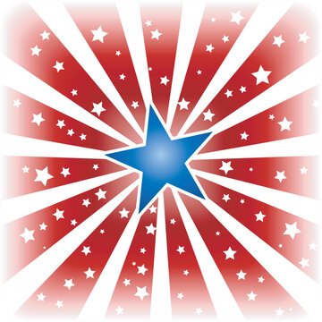 USA, 4th of july red white star burst with shiny blue centre star and little white stars in the red areas. Use of a background blend, global colors.