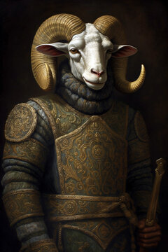 Simulation of a classic oil painting of a goat wearing military clothing style