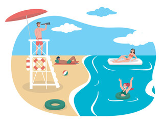 Lifeguard on beach. Man with binoculars stands on tower and watches rest. Summer holidays recreation. Tower ensuring safety at coastline, beach. Cartoon flat vector illustration