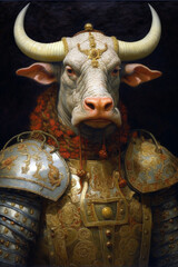 Simulation of a classic oil painting of a bull in military clothing