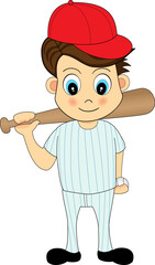 Cute illustration of a cartoon baseball player holding a bat and a ball