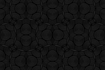 Embossed black background, abstract cover design. Geometric ornamental 3D pattern, press paper, leather. Boho, handmade. Tribal color, original ethnos of the East, Asia, India, Mexico, Aztec, Peru.