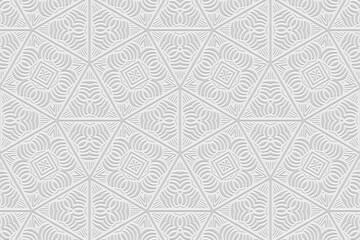 Embossed white background, vintage cover design. Geometric ornamental 3D pattern, press paper, leather. Boho, handmade. Tribal color, original ethnos of the East, Asia, India, Mexico, Aztec, Peru.