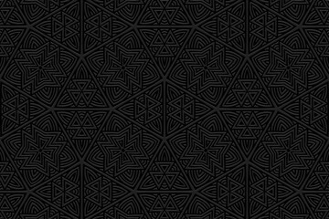 Embossed black background, unique cover design. Geometric ornamental 3D pattern, press paper, leather. Boho, handmade. Tribal color, original ethnos of the East, Asia, India, Mexico, Aztec, Peru.