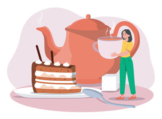 Tea time concept. Woman with mug of hot drink near cake and teapot. Traditional morning breakfast with dessert and delicacy. Comfort and coziness. Cartoon flat vector illustration