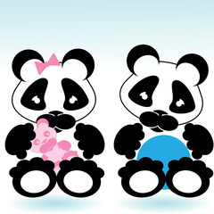 cartoon style panda boy and girl with toys