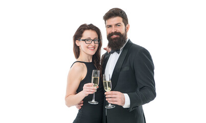 Capturing bright moments. tuxedo man with beard and elegant woman. happy valentines day. couple in...