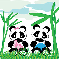 sweet panda cuddles with bamboo grass and cloud background