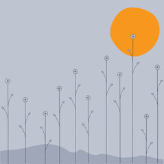 Vector illustration of   the moon is going down over the night  flowers on grey background