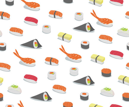 Vector background illustration of various types of sushi in iconic style. Retro Seamless Pattern.
