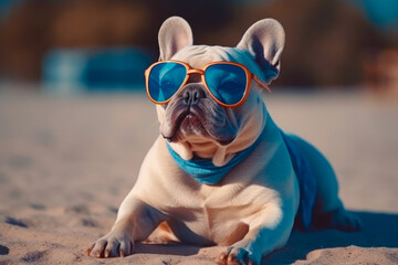 Obraz na płótnie Canvas Cute dog wearing glasses. animal on summer vacation, animal illustration. Ai generative