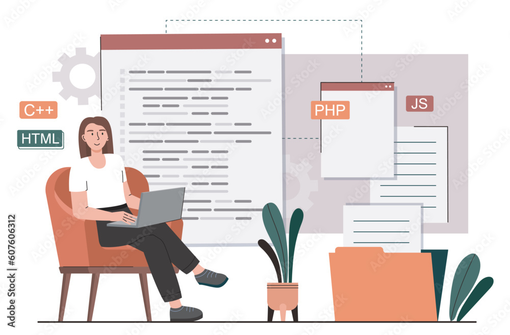 Poster applied programming concept. woman with laptop writes code, develops programs and apps. it specialis