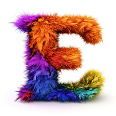 Furry letter in rainbow pride colors made of fur and feathers. Capital E