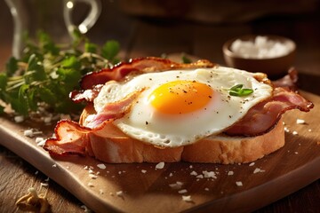 Bacon and egg on a slice of bread. By Generative AI