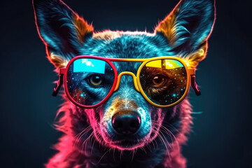 Cute wolf wearing sunglasses. animal on summer vacation, animal illustration. Ai generative