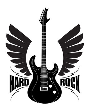 Hard rock design illustration with electric guitar and pair of wings for poster or other decor.