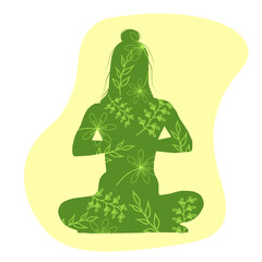 Woman meditating and relaxing, yoga. Mental health. Peace and quiet. Flowers, plants and nature. Vector illustration.