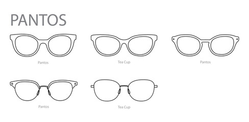 Set of Pantos frame glasses fashion accessory illustration. Sunglass front view for Men, women, unisex silhouette style, flat rim spectacles eyeglasses with lens sketch style outline isolated on white