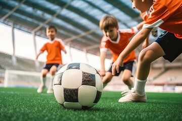 Obraz premium A group of young boys kicking a soccer ball created with Generative AI technology