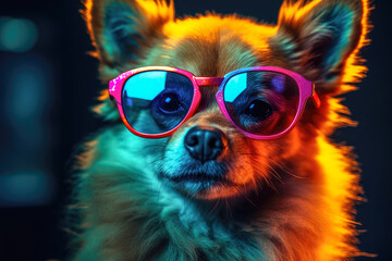 Cute wolf wearing sunglasses. animal on summer vacation, animal illustration. Ai generative