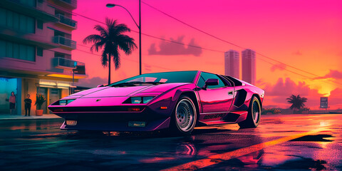 Plakat Digital illustration in synthwave style of a Lamborghini Countach in a Miami street during sunset vaporwave