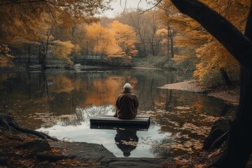 Naklejka na ściany i meble An inspiring image of a person sitting in quiet reflection, expressing gratitude for the blessings in their life. The scene set in a peaceful natural setting. Generative Ai