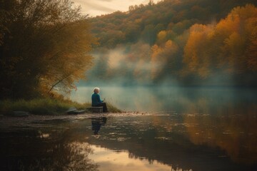 An inspiring image of a person sitting in quiet reflection, expressing gratitude for the blessings in their life. The scene set in a peaceful natural setting. Generative Ai - obrazy, fototapety, plakaty