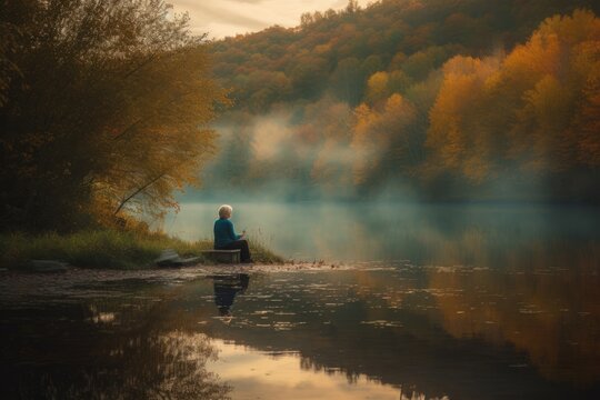 An inspiring image of a person sitting in quiet reflection, expressing gratitude for the blessings in their life. The scene set in a peaceful natural setting. Generative Ai