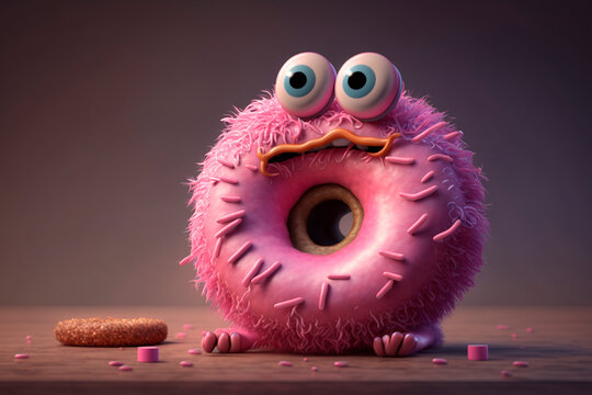 Funny pink donut with eyes. Generative AI. Cute donut shaped monster with surprised face and caramel mustache. National Donut Day or Fat Thursday. Image for pizzeria, notebook, signboard, cafe, Puzzle