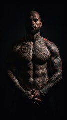 Fototapeta na wymiar A man with tattoos on his chest and chest. Generative AI image.