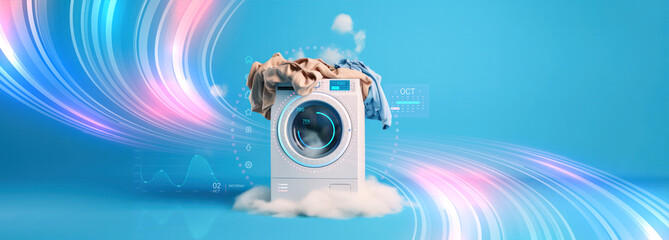 washing machine with pile of clothes and foam as wide banner for buying new washing machine or household work with copy space area - Generative AI