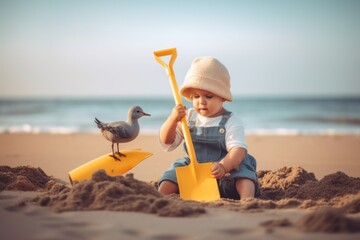 Fototapeta na wymiar A small child plays with a shovel on the beach. Generative AI image.