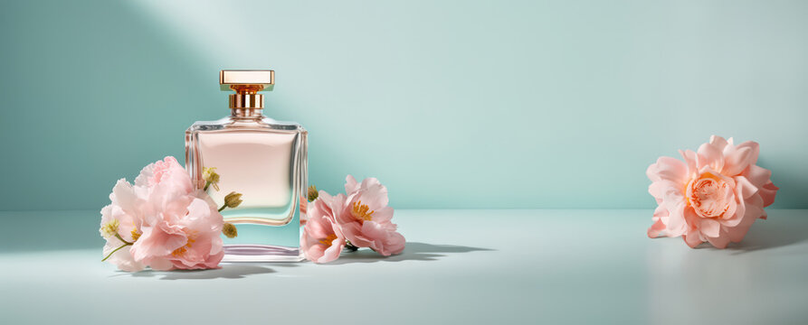 luxury glass or crystal perfume bottle with flowers background in pink green theme as wide banner with copy space area - Generative AI