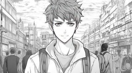Anime teenage line art. Coloring page