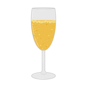 Champagne drink isolated on a white background. A glass of champagne. Bubbles. A flying cork from a bottle. Poster, postcard, flyer design. The concept of the holiday. Vector flat illustration.