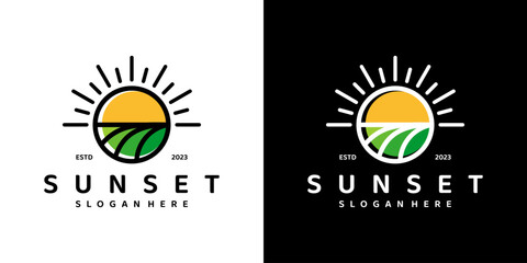 Sunset logo design template with farmland landscape graphic design vector illustration. Symbol, icon, creative. © Crelaba_Std