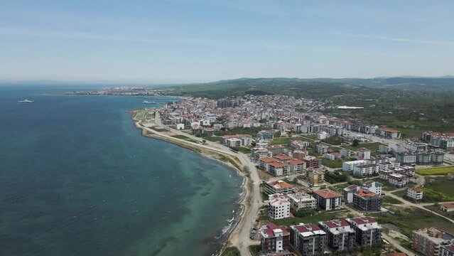 Aerial view of Lapseki, a small town along the coast on Dardanelles Strait, Canakkale, Turkey.