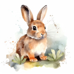 AI generated Watercolor Illustration of a Cute and Hopping Rabbit with Big Ears on White Background