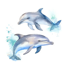 AI generated: Playful Dolphin - Whimsical Watercolor Illustration of a Graceful Mammal, Perfect for Baby Showers and Postcards.