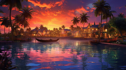 Exotic tropical paradise. Beautiful waterfront village in the distance